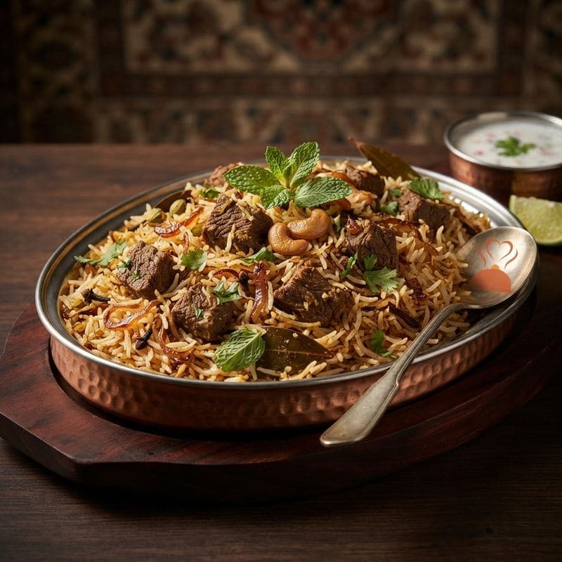 Beef pilao with mint and cashews on a copper plate, with a small bowl of raita