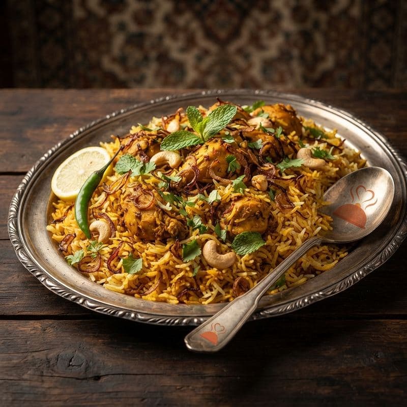 Chicken biryani topped with fried onions, mint and cashews on a silver platter with a lemon wedge