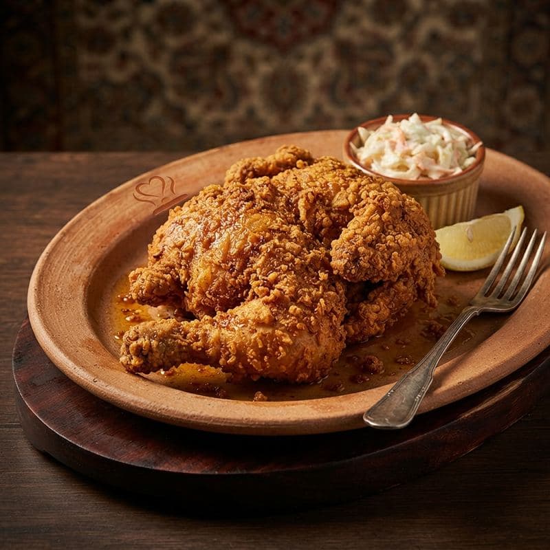 Crispy chicken broast pieces with a cup of coleslaw and a lemon wedge on a clay plate