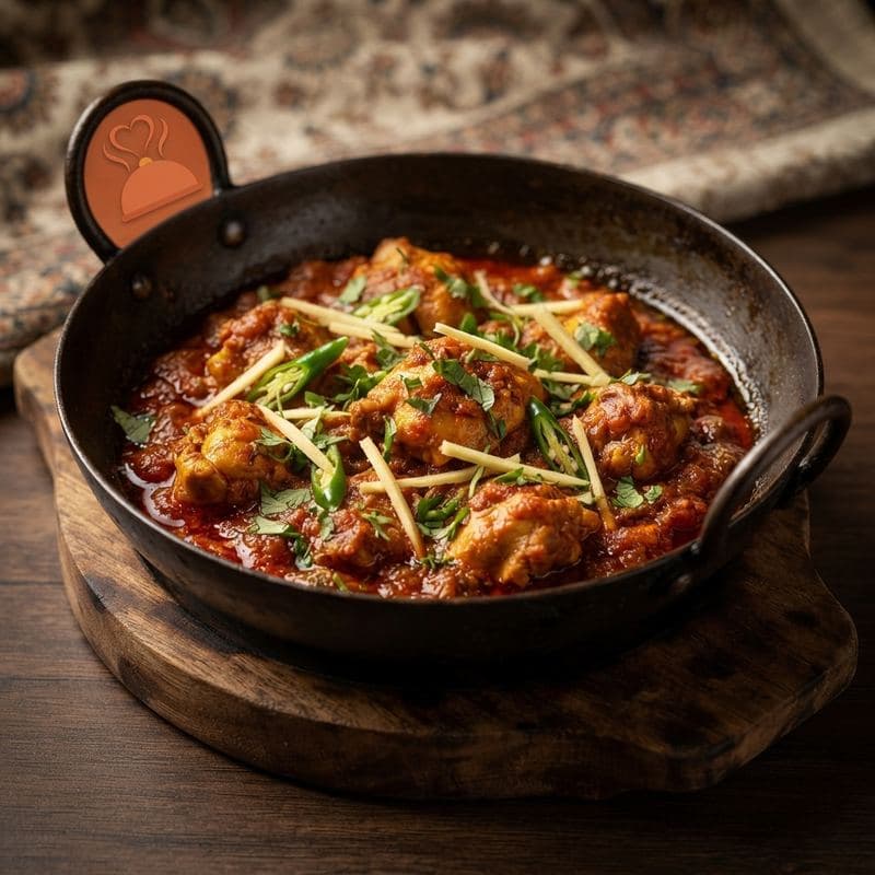Chicken karahi with julienned ginger and green chili in an iron karahi