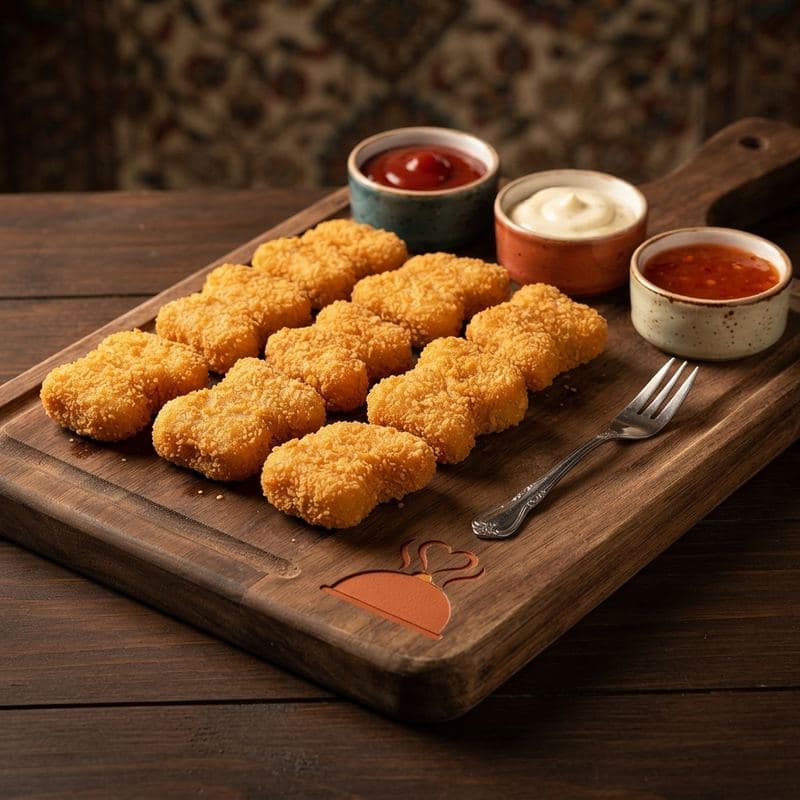Golden chicken nuggets on a wooden board with three dipping sauces