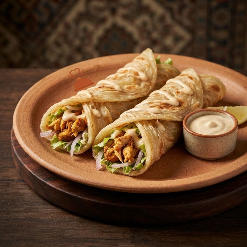 Two chicken paratha rolls with onion, lettuce and sauce on a clay plate