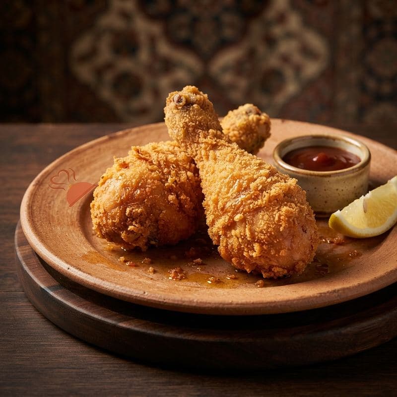 Crispy fried chicken legs with a lemon wedge and dipping sauce