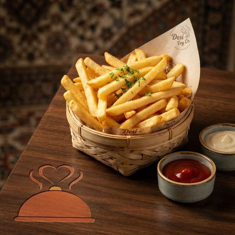 French fries in a woven basket with two dipping sauces
