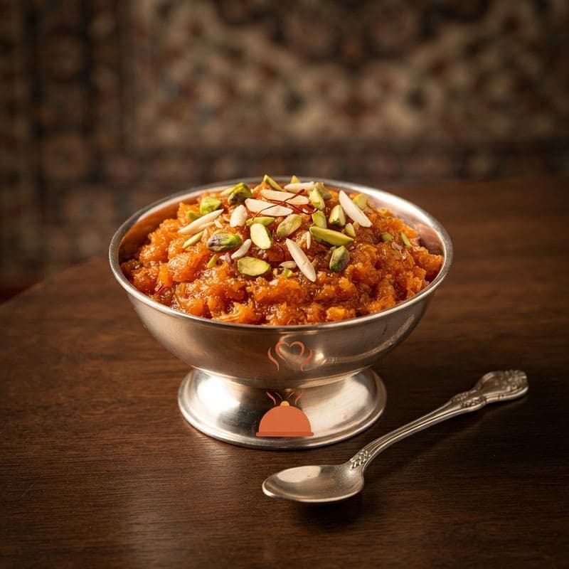 Gajar ka halwa topped with sliced almonds and pistachios in a silver bowl