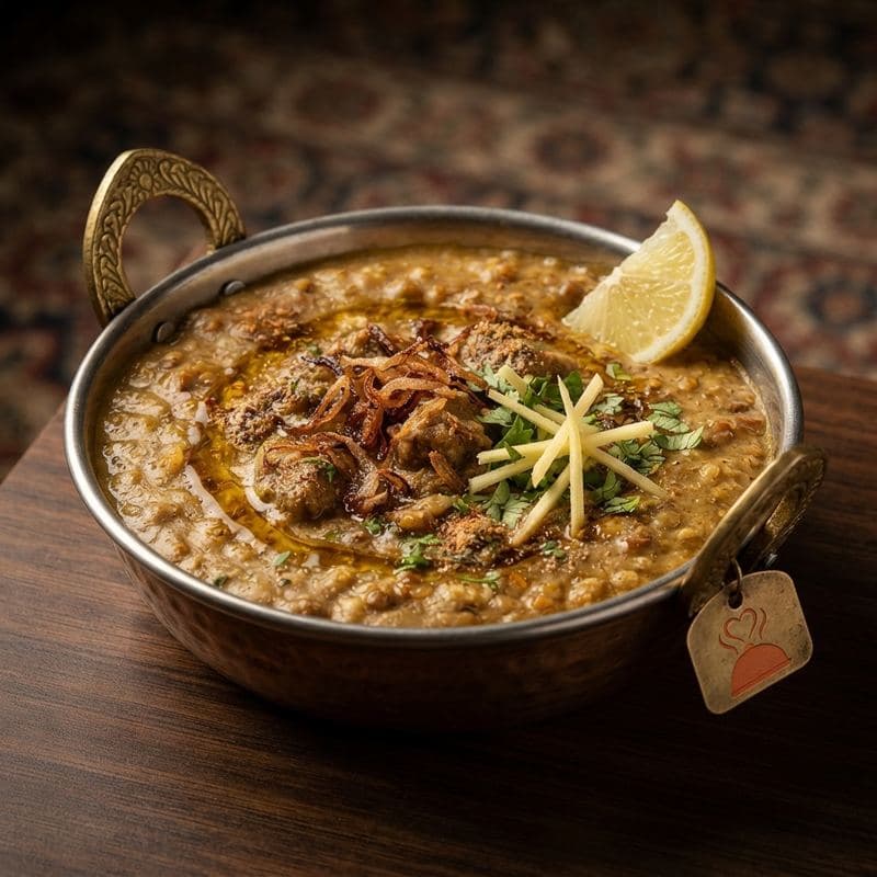 Haleem topped with fried onions, julienned ginger and a lemon wedge in a copper karahi