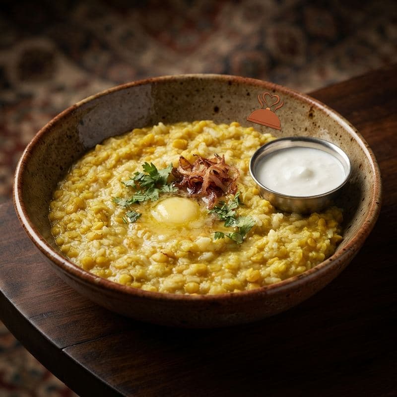 Yellow daal kitchri topped with butter and fried onions, with a small bowl of yogurt