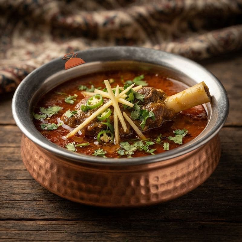 Nalli nihari garnished with ginger, green chili and coriander in a copper bowl