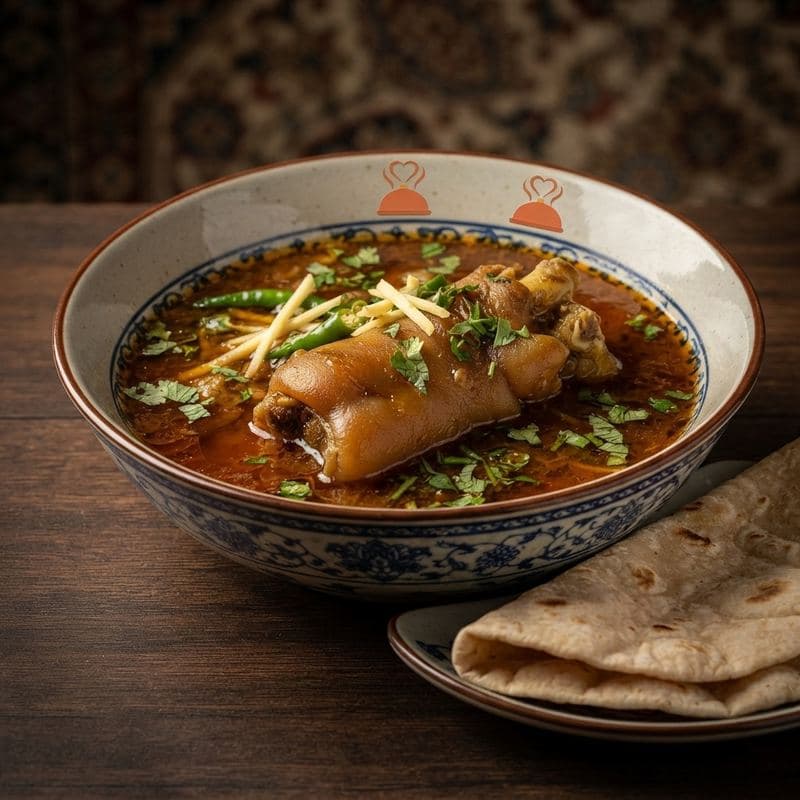 Paya in a spiced broth with ginger and green chili in a blue and white bowl, with roti
