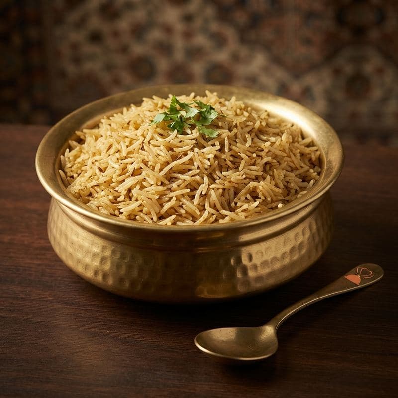 Zeera rice in a hammered brass handi with a sprig of coriander