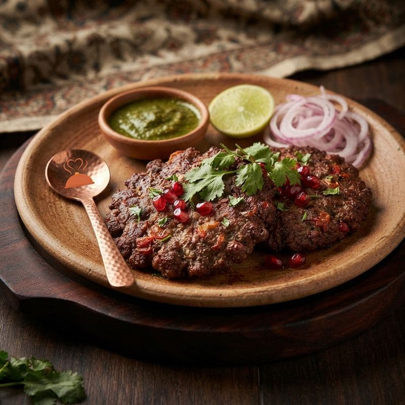 Two chapli kababs topped with pomegranate seeds and coriander, with chutney, lime and onion rings