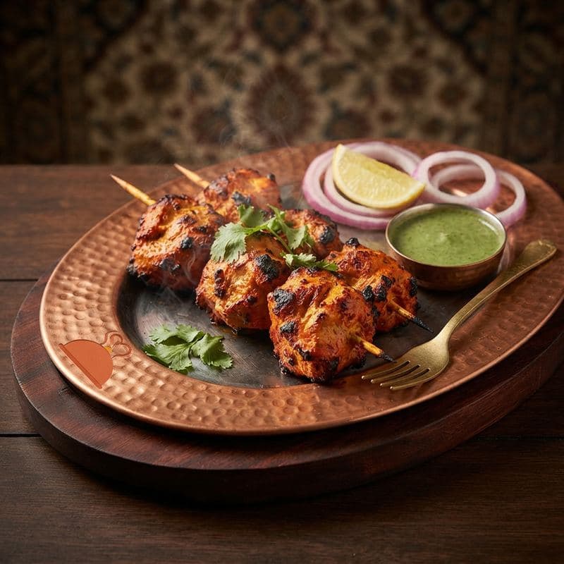 Chicken tikka on skewers with onion rings, lemon and green chutney on a copper plate