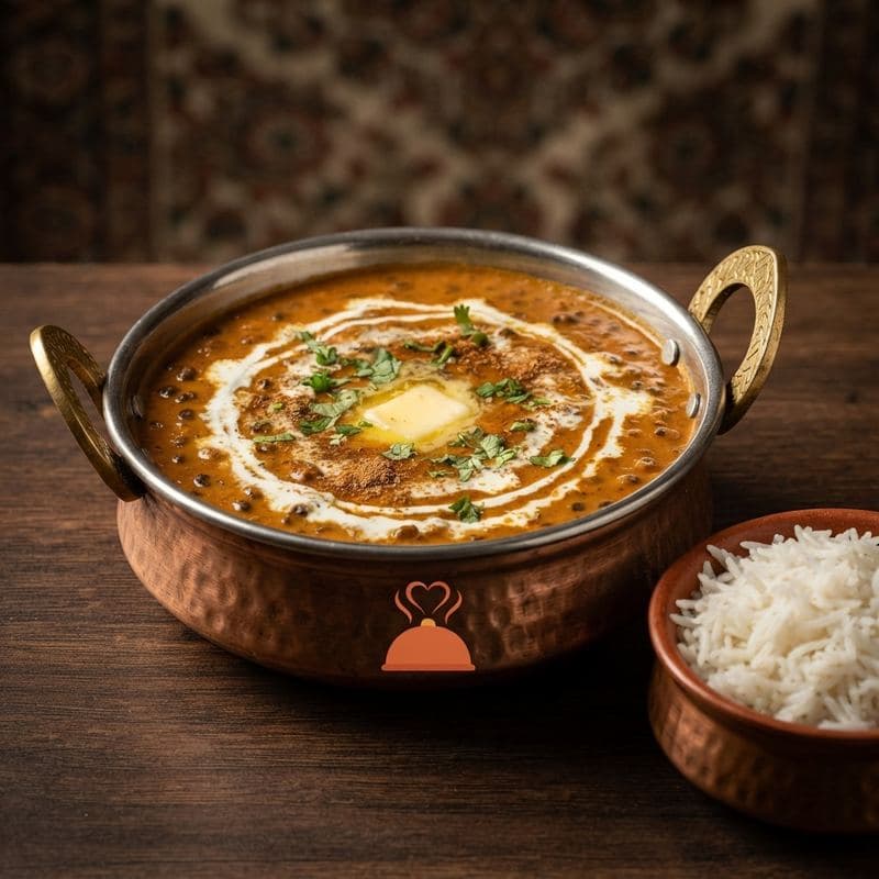 Dal makhani topped with butter and cream in a copper handi, served with steamed rice