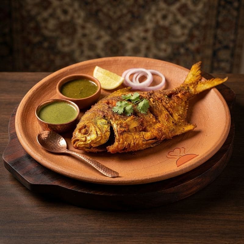 Spiced fried fish on a clay plate with green chutney, onion rings and a lemon wedge
