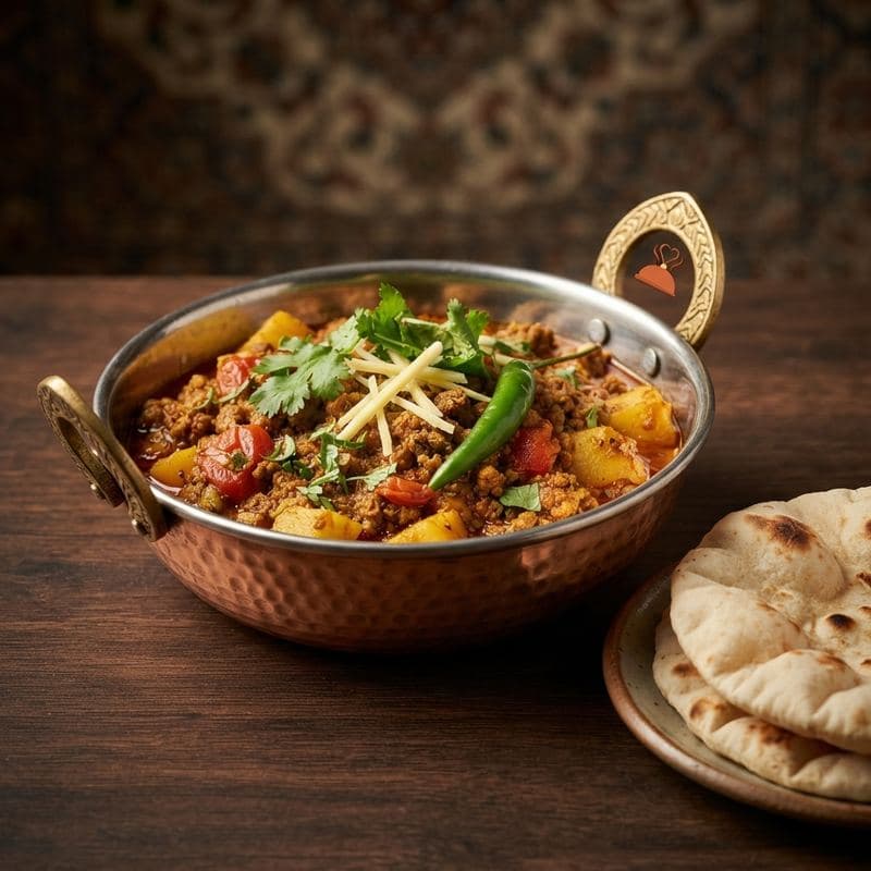 Keema aloo karahi garnished with ginger and green chili in a copper kadai, with naan