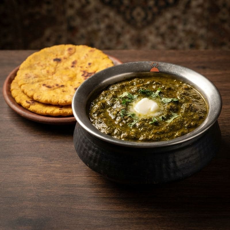 Sarson ka saag topped with butter next to a stack of makki ki roti
