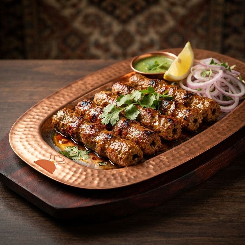 Grilled seekh kababs with coriander, onion rings and green chutney on a copper platter